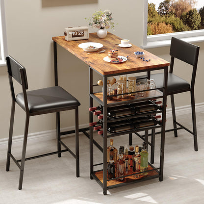 Techigher Bar Table Set, Dining Tables with 2 Upholstered Chairs, 3 Piece Counter Height Kitchen Table Set with 2-Tier Storage Shelves & 2 Wine Racks