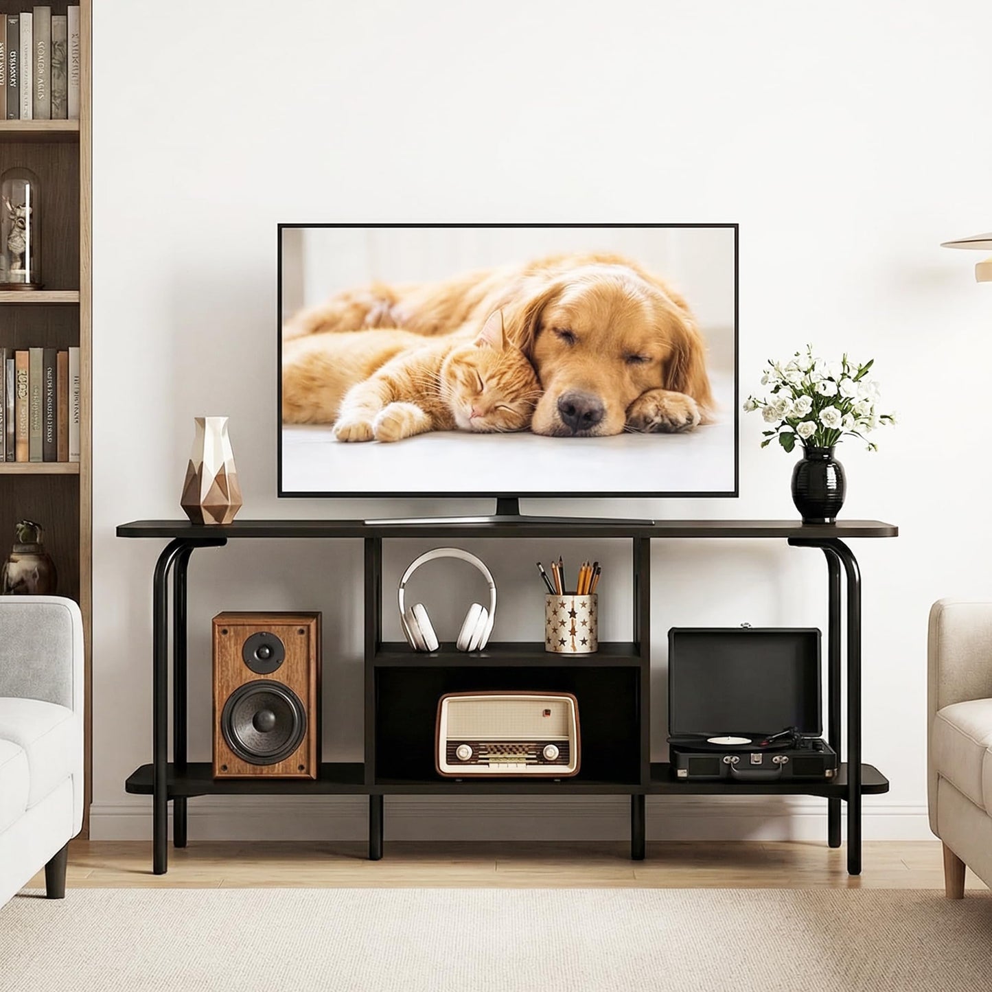 Manora Black TV Stand 120cm Arch Detail Open Shelves Fits 55 Inch TV Unit
