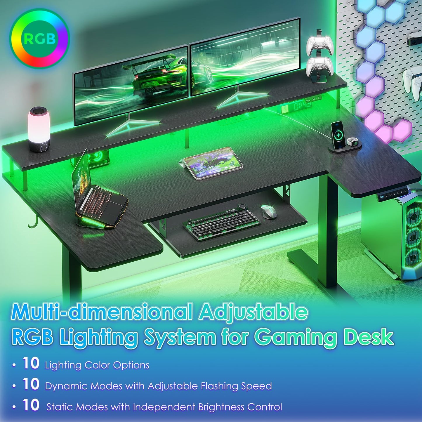 OffiGo Standing Desk, 120cm U Shaped Desk with LED Lights & Power Outlets