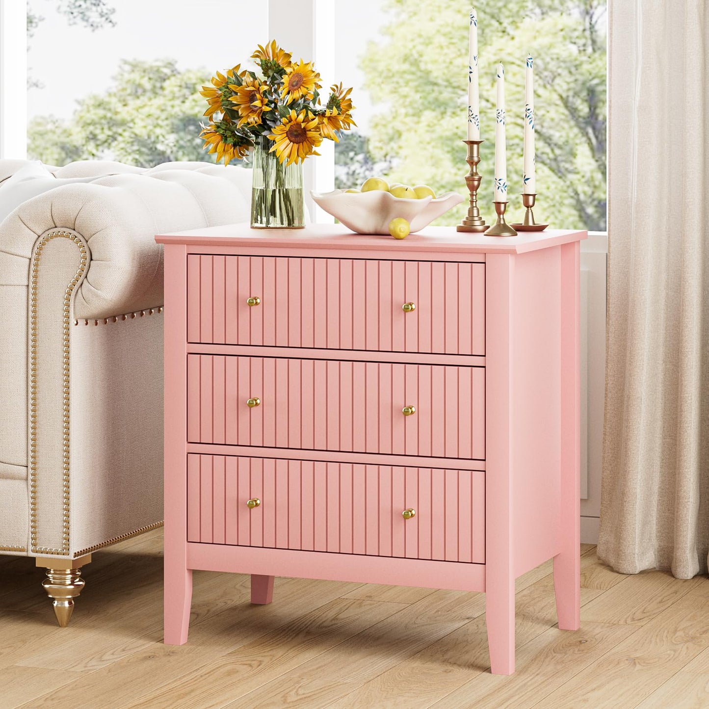 Apetaccat Large Bedside Table Bedroom, 3 Drawer Chest of Drawers, Bedside Cabinet With Metal Handles,for Bedroom Livingroom,Hallway,Pink