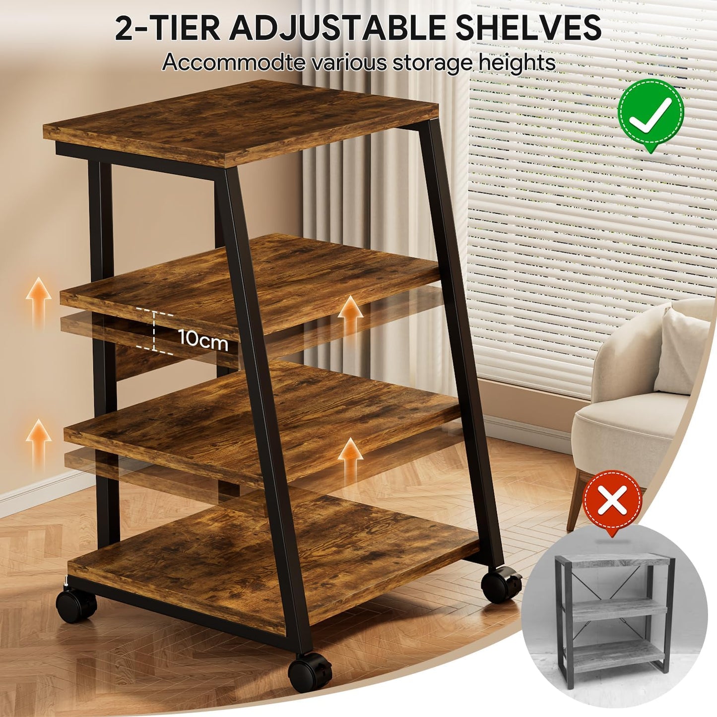 WUDLEP HiFi Stand, 4-Tier AV Media Stand with Power Strip and Wheels