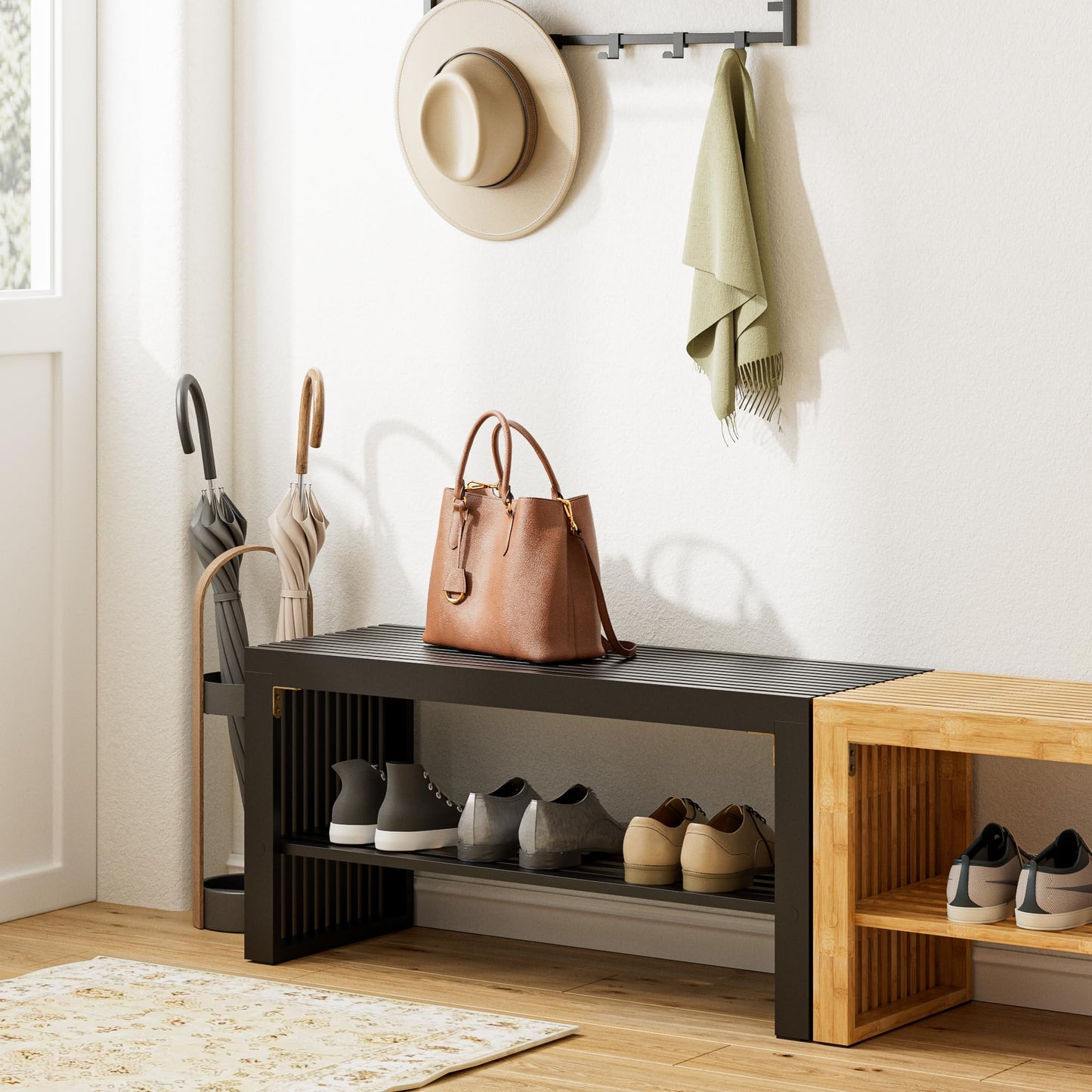 HEYZOEY Balck Bamboo Hallway Bench with Shelf, Dining Bench, 35×13×17 in
