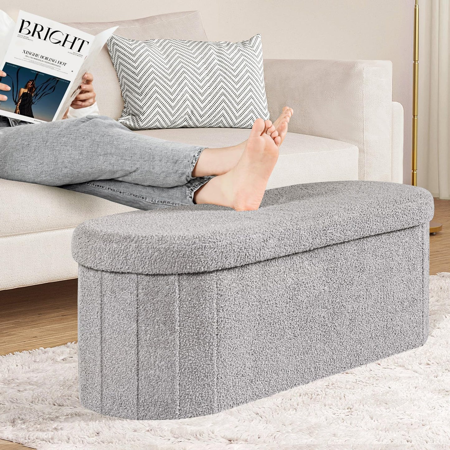 PINPLUS Foldable Oval Ottoman Storage Bench, Grey, 110x38x38 cm