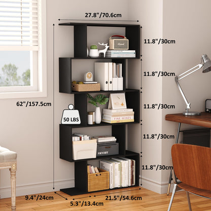 Yusong Bookshelf 5-Tier, Geometric Bookcase S Shaped Book Shelves for Bedroom, Modern Wood Decorative Display Shelf Book Case for Home Office