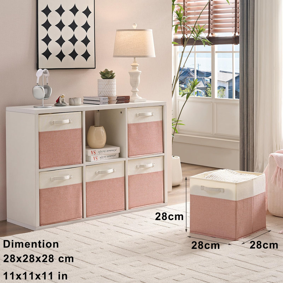 Mangata Cube Storage Boxes 28x28x28 cm, Fabric Storage Cube Baskets for Clothes Bins, Baskets, Chests,Toys Pink/Cream White, 4Pcs
