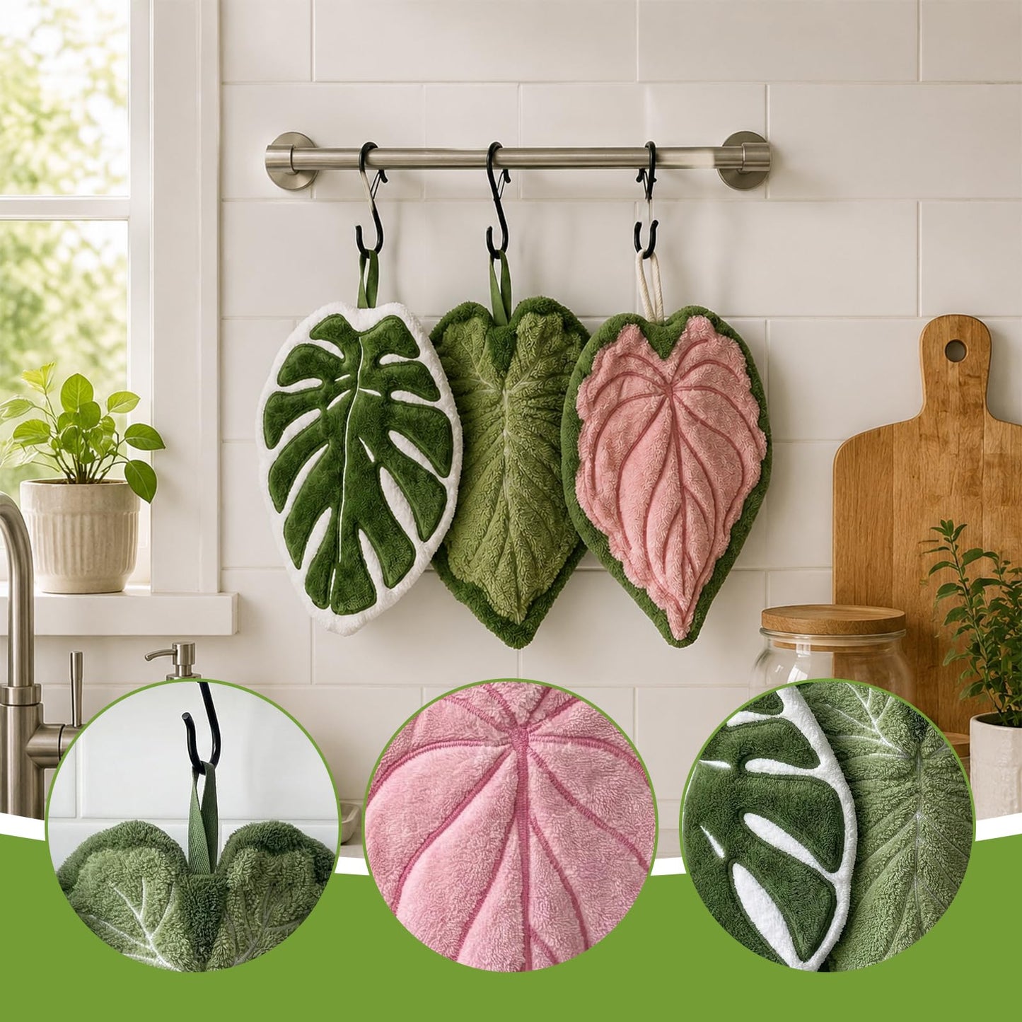 FloralGrace Kreative Blatt Towels 3-Piece Set Hanging Kitchen Cloths, Cute Coral Fleece Tropical Plant Fabric, Absorbent, Quick Drying, And Lint-Free