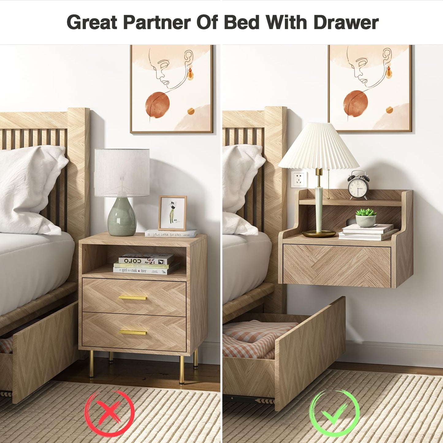 Skokliz Floating Bedside Table Set of 2, Small Wall Mounted Nightstand with Drawer and Open Shelf, Floating Shelf for Bedroom, Living Room, Kictench