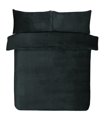 Sleepdown Waffle Fleece Thermal Warm Cosy Super Soft Duvet Cover Quilt Bedding Set with Pillow Cases - Double 200cm x 200cm - Black