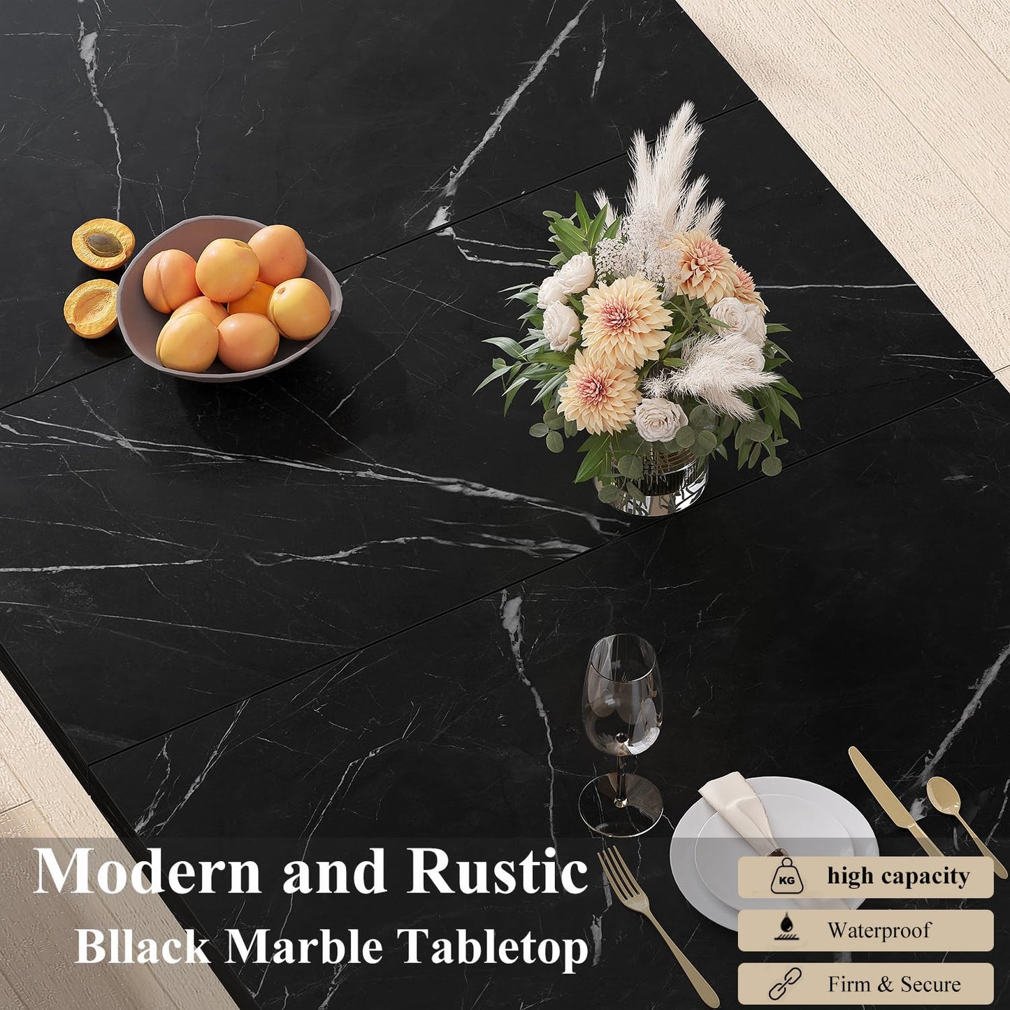 HSH Dining Table Modern Rectangle Kitchen Dinner Table 160cm Black Marble