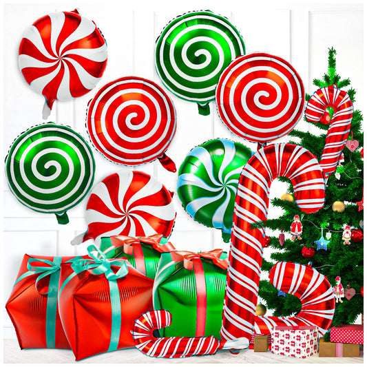 32Pcs Christmas Foil Balloons Kit - Candy Cane Mylar Balloons with Ribbons, Red and Green for Party Decorations and Birthday