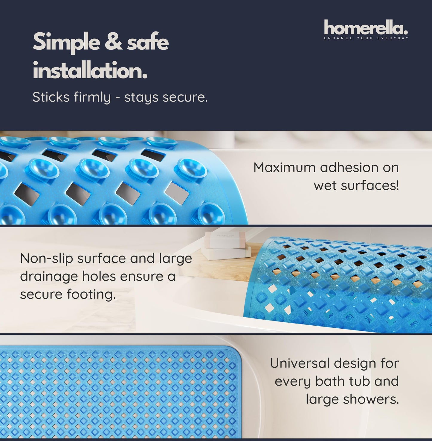 homerella Bath Mat Non Slip Anti Mould 88x39cm Shower Mat Non Slip Bath Mat
