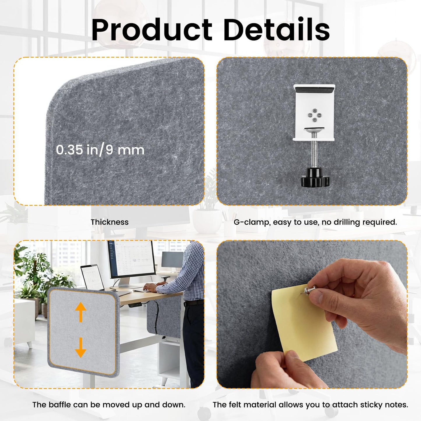 2-Pack Felt Desk Dividers, Clamp-On Panels, 40 x 60 cm, Light Grey