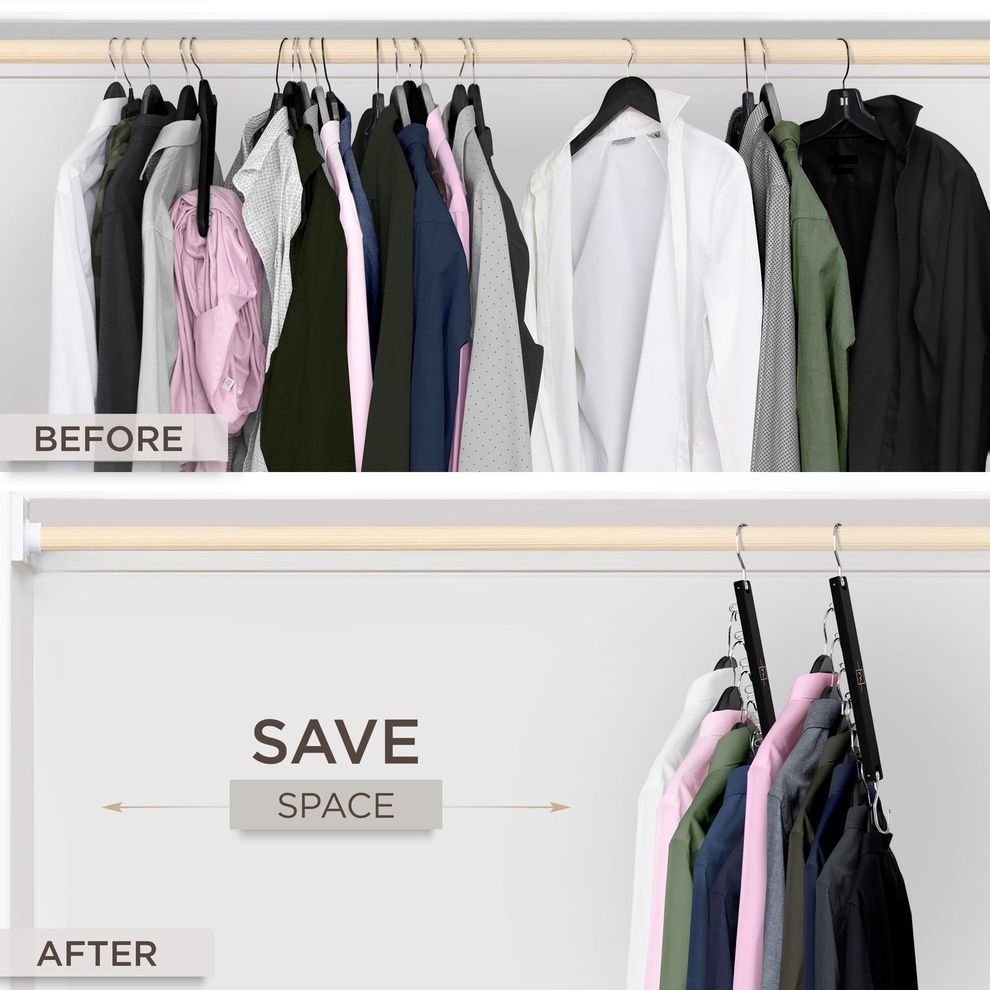 MORALVE Space Saving Hangers for Wardrobe – 4 Pack European Beechwood 6-Tier Shirt Organiser with 360° Swivel Hook
