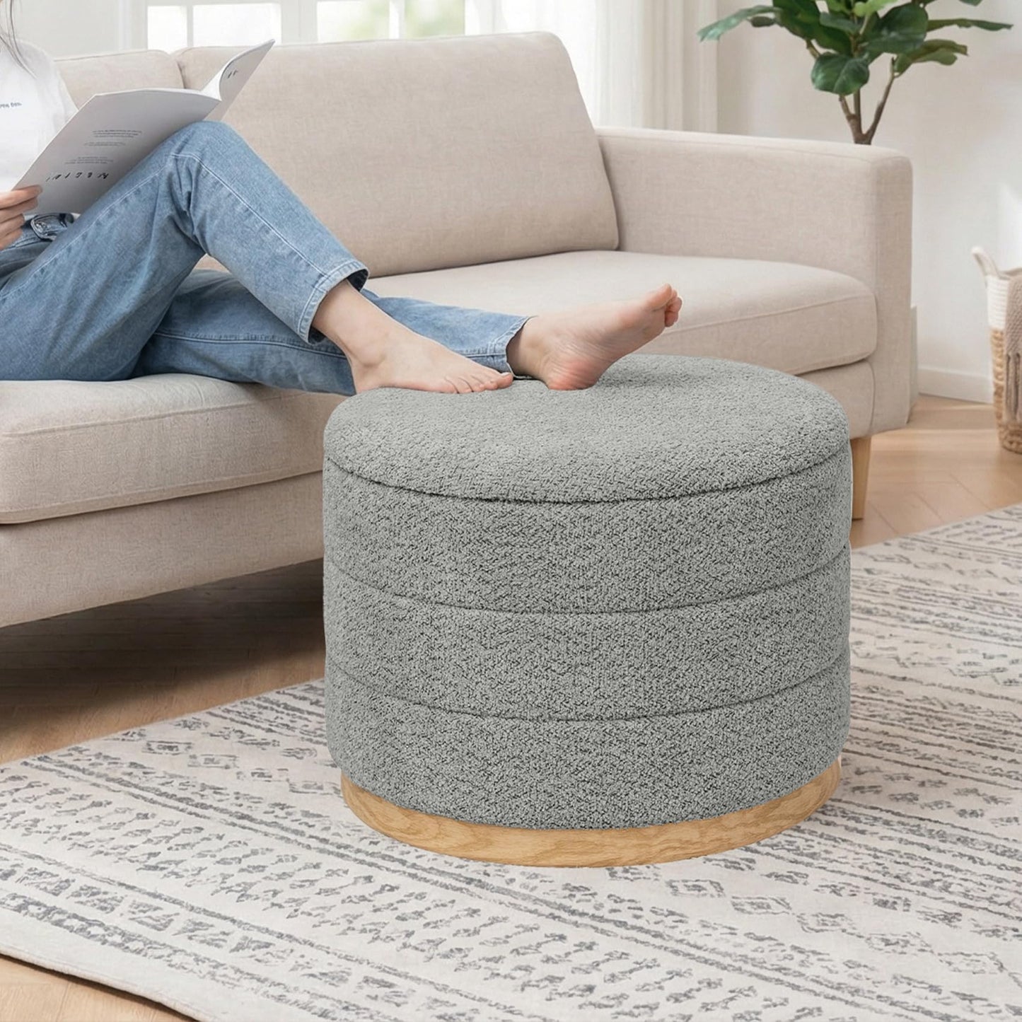 PINPLUS Round Chenille Storage Ottoman, Tray Top, 58x58x44 cm, Grey