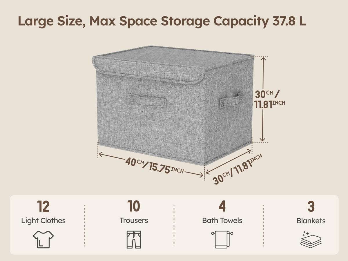 37.8L Stackable Storage Boxes with Lids Linen Clothes Wardrobe Organiser