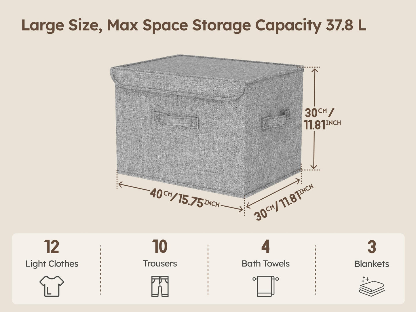 5 Pack of Stackable Storage Boxes with Lids Linen Wardrobe Organiser 37.8L