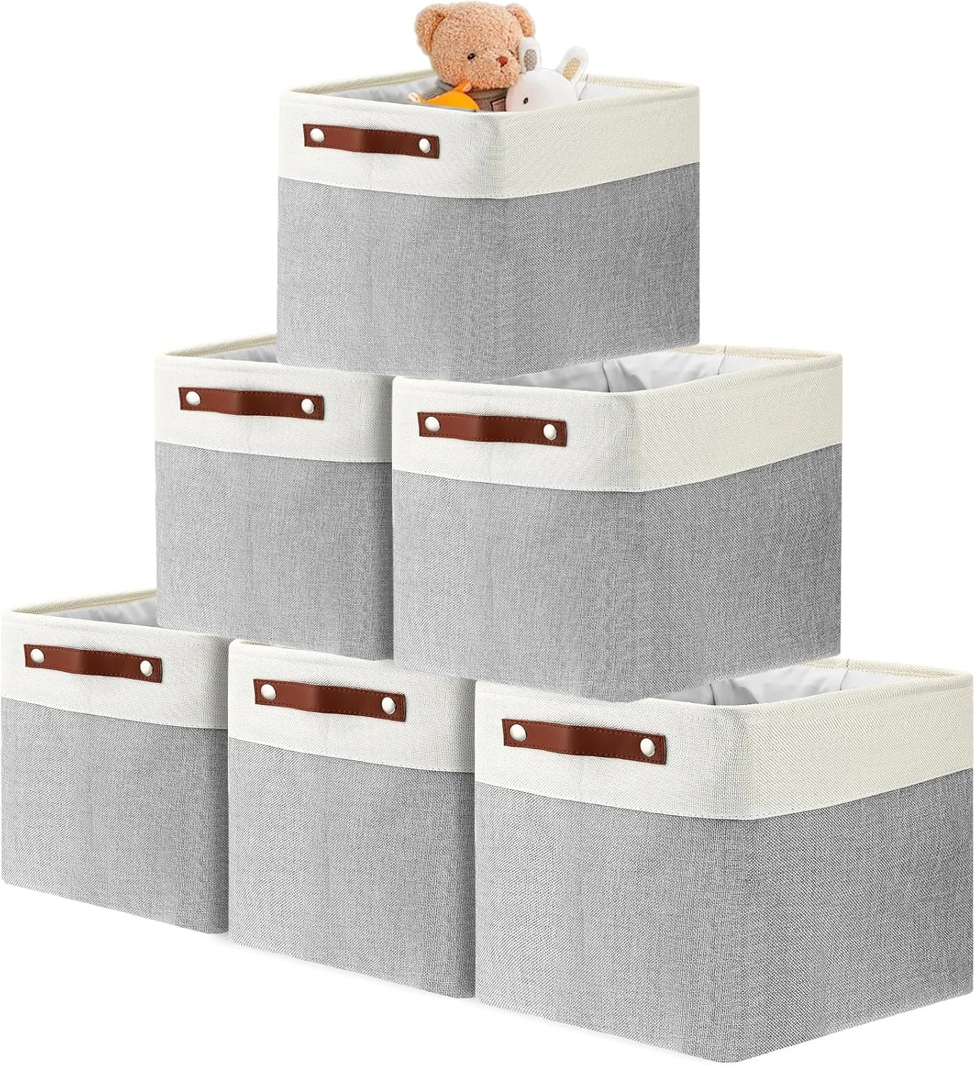 Malloom 6 Pack Fabric Cube Storage Boxes 30x30x30, Square Grey Storage Basket with Handles