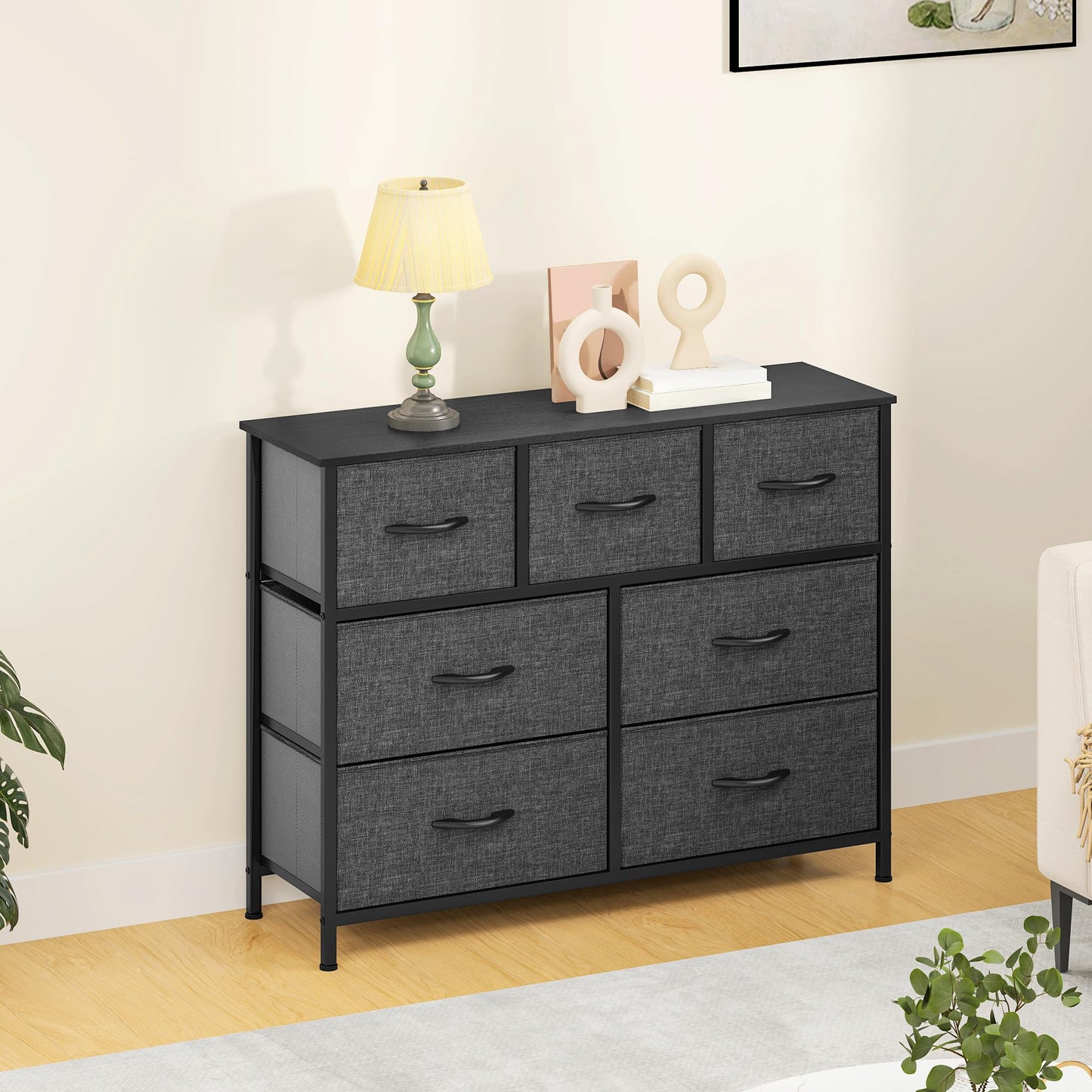 DWVO Wide Chest of Drawers,Fabric Chest of Drawers Bedroom Cabinet with 7 Drawers,Dresser for Bedroom,Living Room With Handles,Wood Top and Sturdy