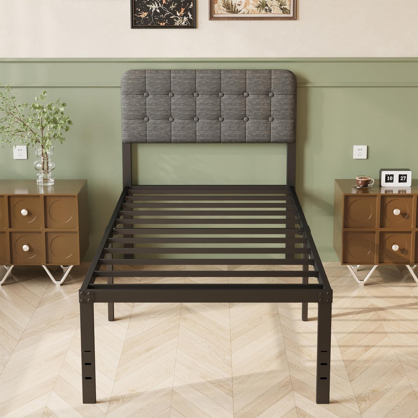 Lutown-Teen Single Bed Frame with Grey Upholstered Headboard