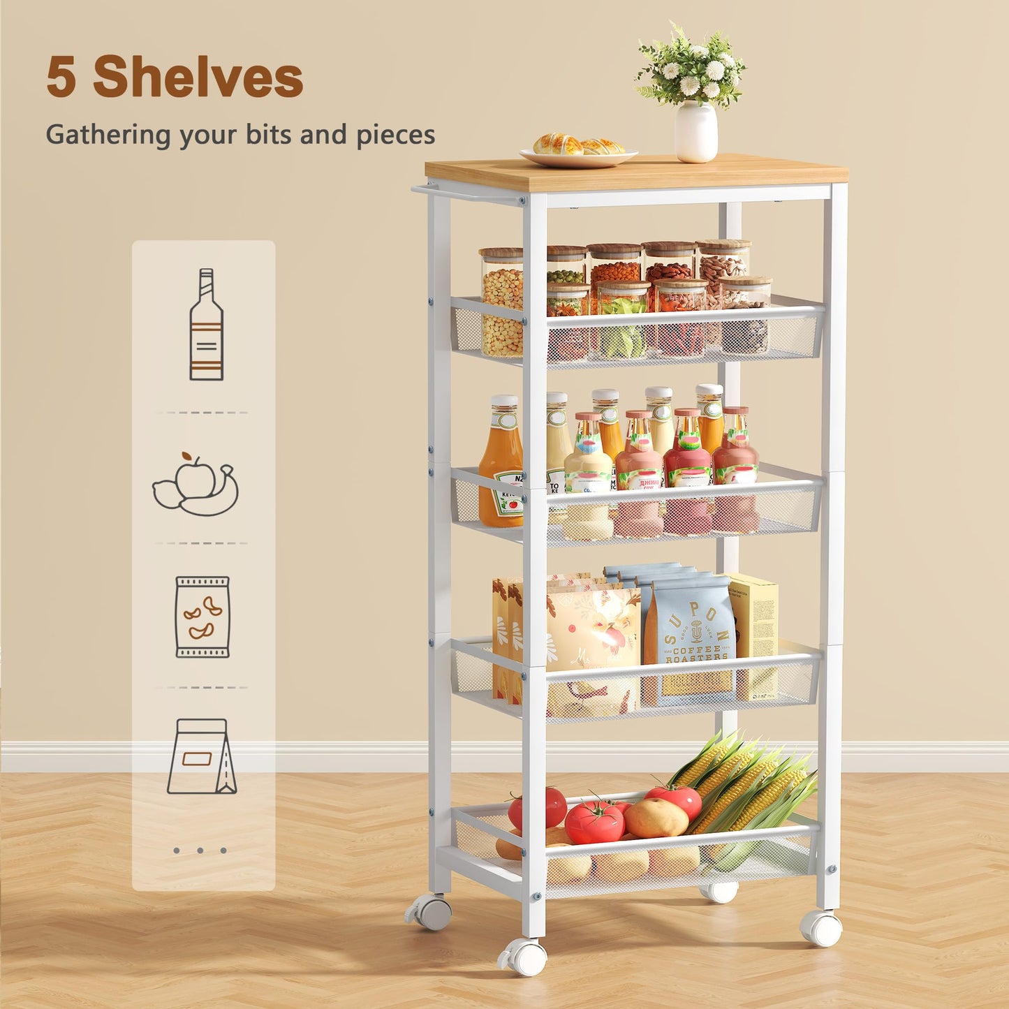 Hoctieon Slim Rolling Storage Cart, 5-Tier Narrow Kitchen Storage Cart with Handle & Wheels, Mobile Shelving Unit, Wooden Top & Metal Frame