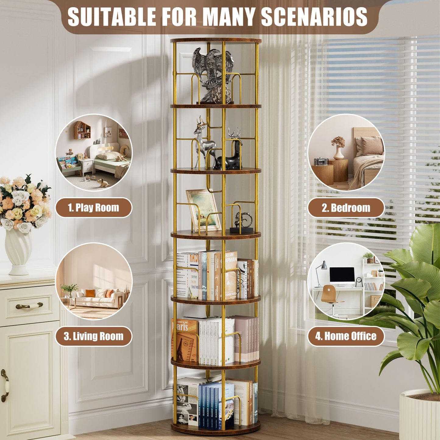 OCTORO 6 Tier Rotating Bookshelf, 360° Corner Bookshelf Tower, Round Revolving Bookcase with Adjustable Levels, Spinning Book Shelf for Home Office