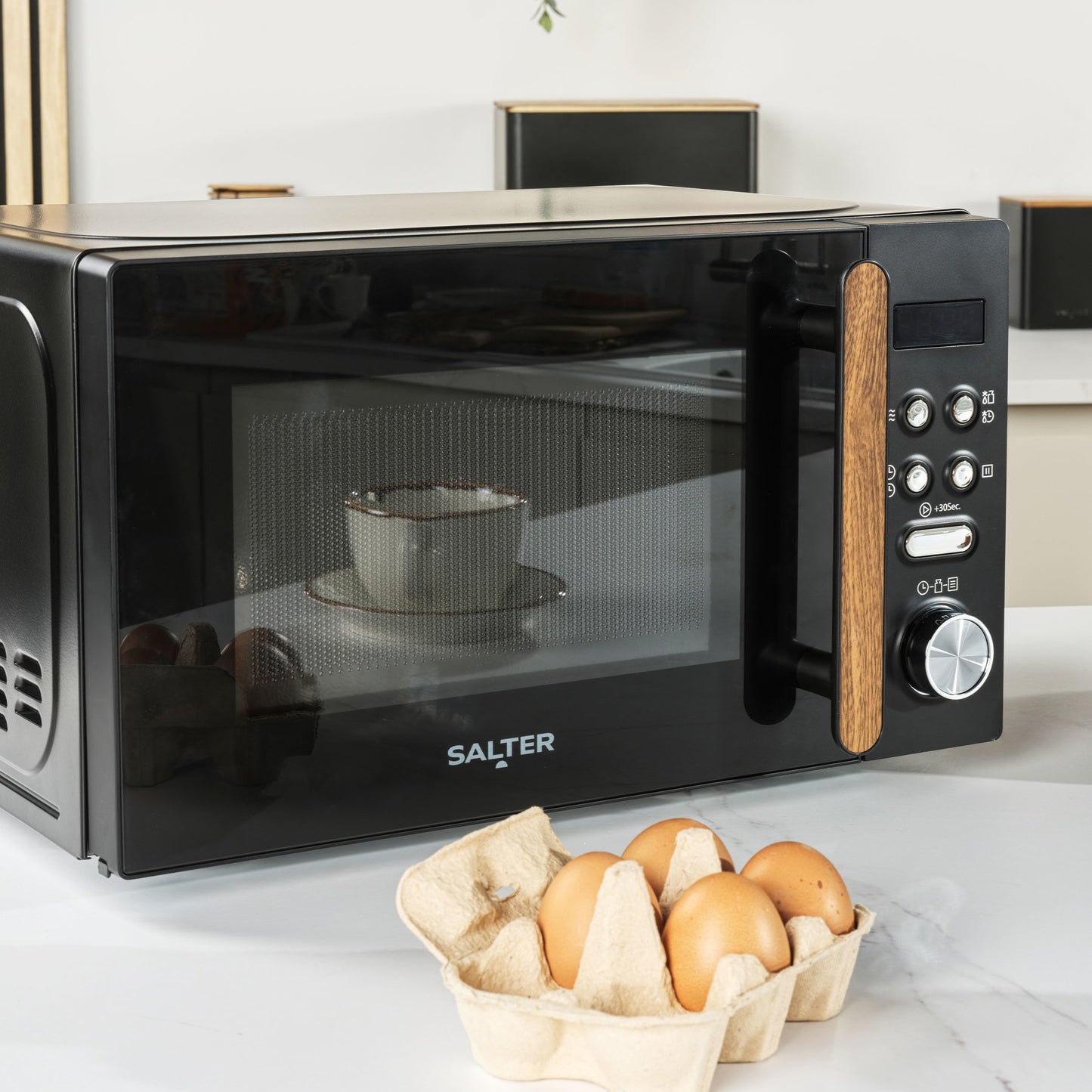 Salter EK5932BLK Toronto 20L Digital Microwave  95-Minute Timer, Defrost, 25.5cm Glass Turntable, 8 Auto-Function Presets, LED Display, Wood-Effect