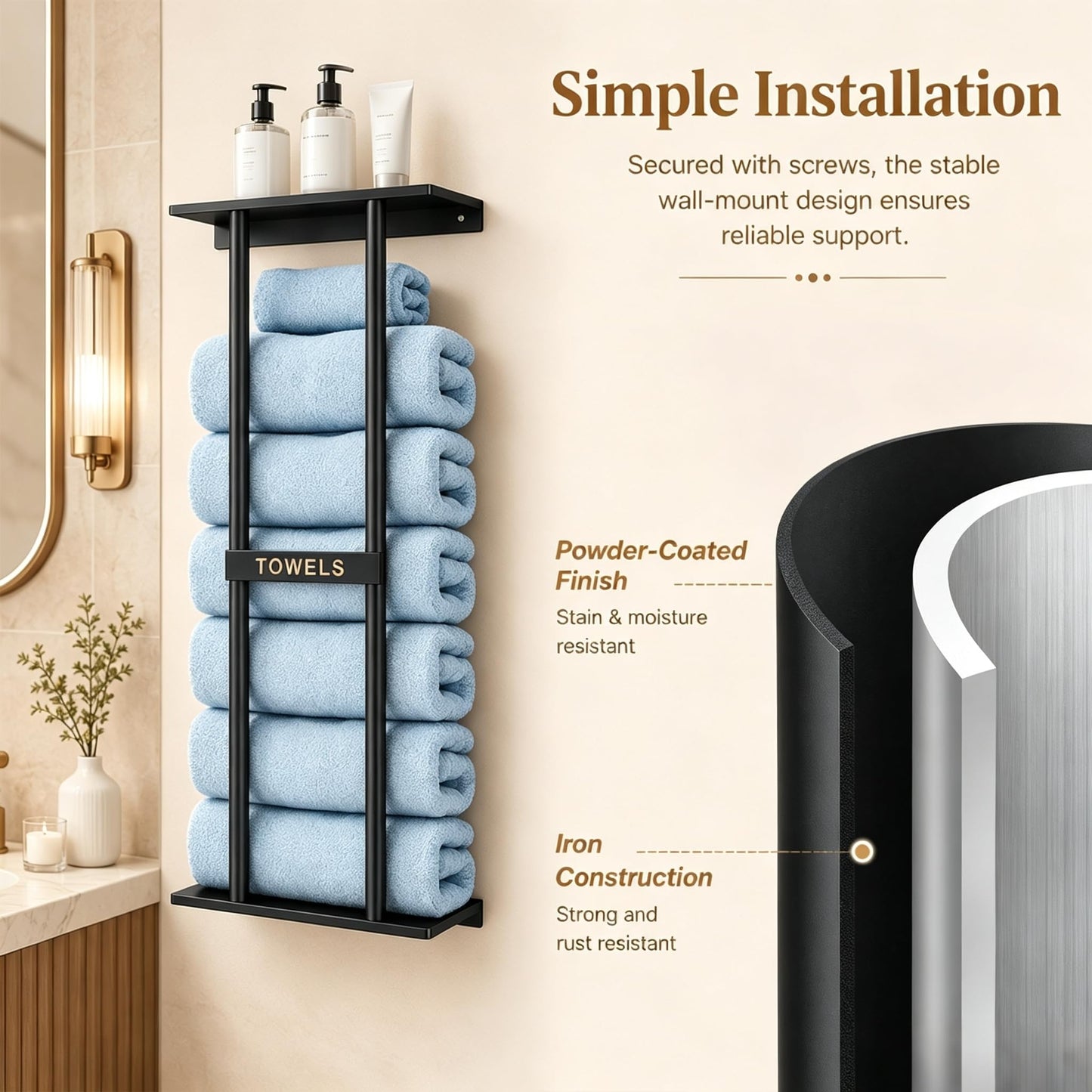Black Towel Rack Wall Mounted with Shelf, Metal Bathroom Towel Holder
