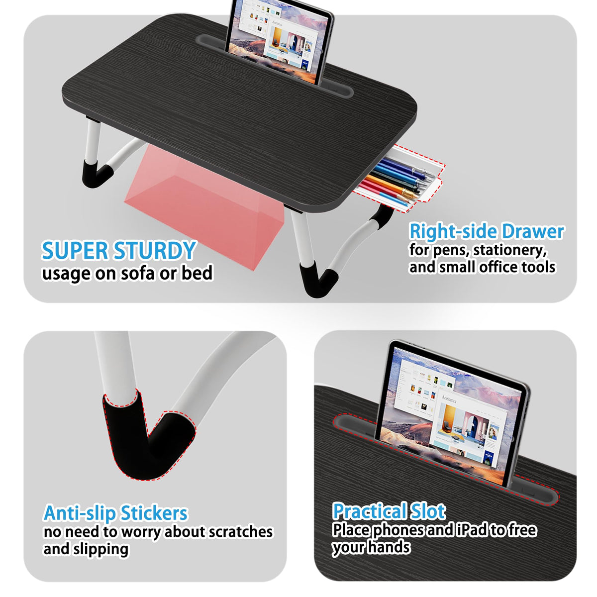 Small Lap Desk，Laptop Bed Desk 48 x30 cm for Breakfast in Bed, Work and Study, Home Office, Laptop Stand for Sofa、Couch、Bed, Small Black 48x30