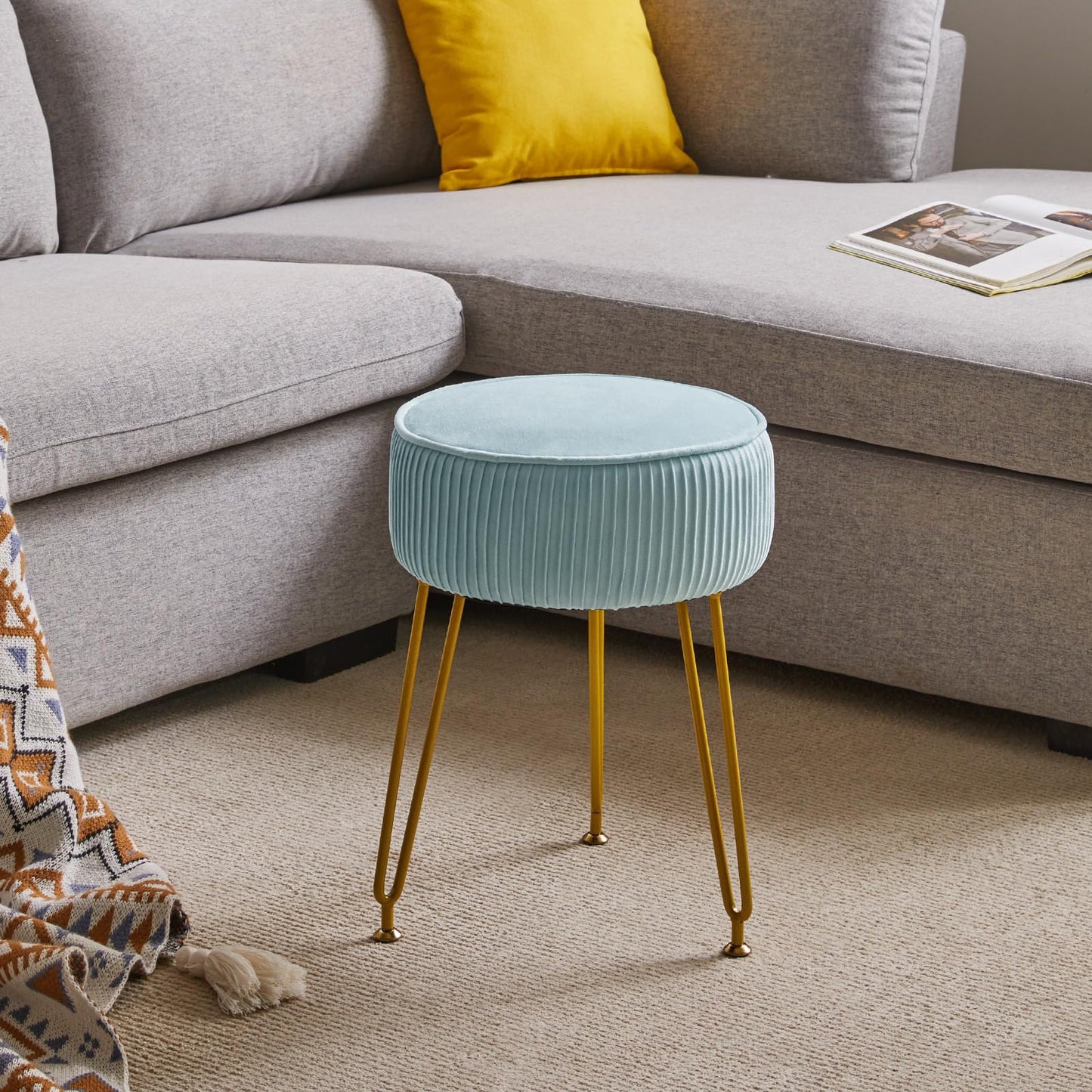IBUYKE Makeup Vanity Stool, Velvet Round Footrest Ottoman, Blue L/G-30H