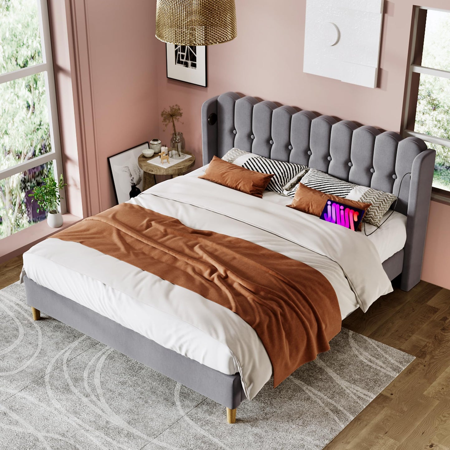 BTM Upholstered Double Bed with USB and Type-C Charging, 4ft6-135x190cm Double Bed Frame with Wooden Slatted Frame for Teenagers and Adults