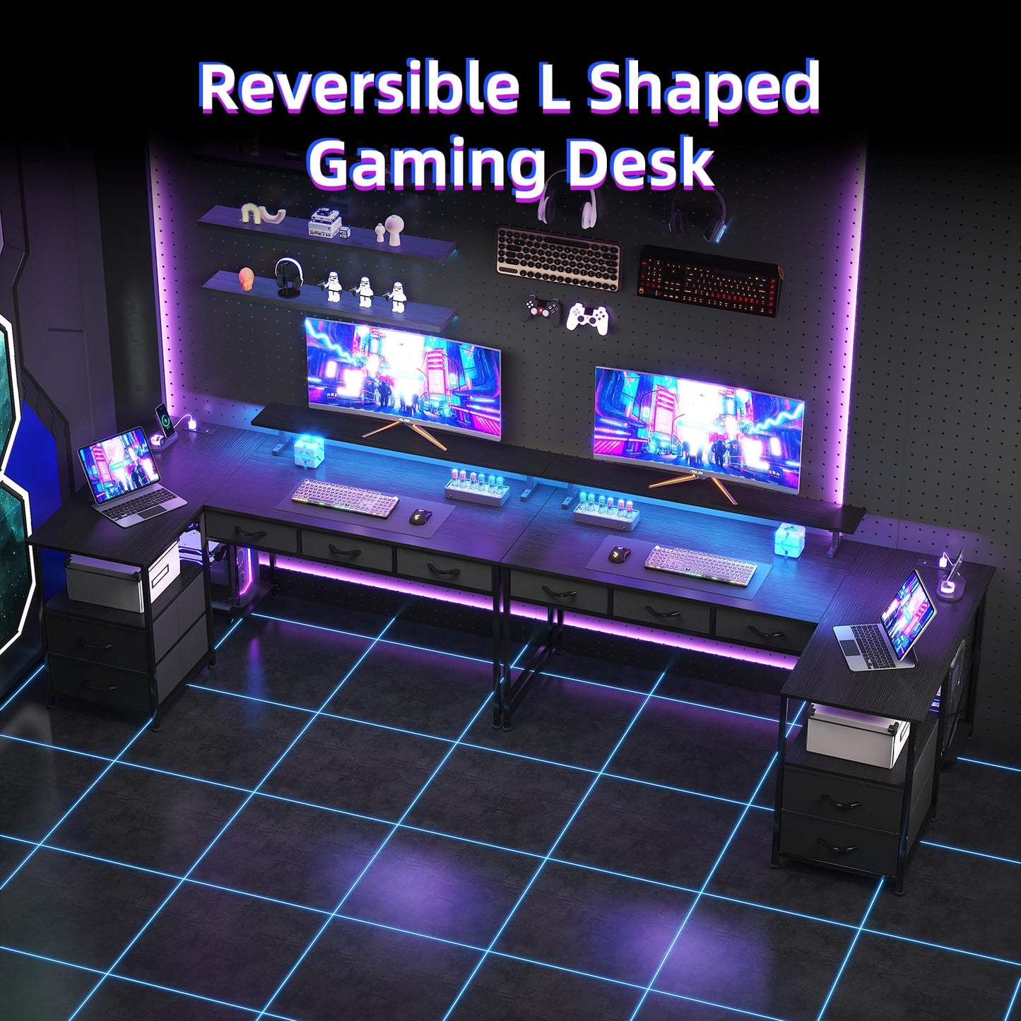 Flrrtenv 140cm Large Gaming Desk with 5 Fabric Drawers, Home Office Work Desk with Power Outlets & Monitor Stand