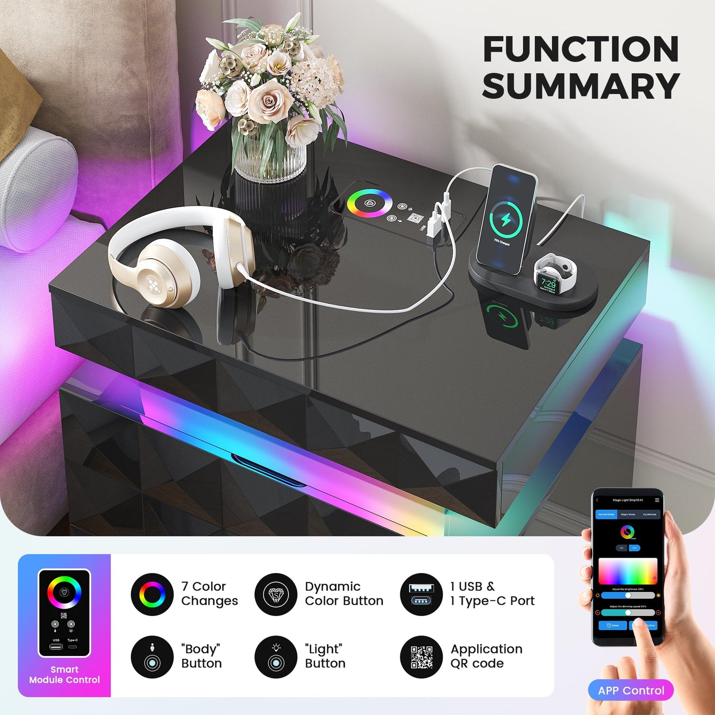 FREDEES RGB Bedside Table with Hidden Drawer for Bedroom, Black