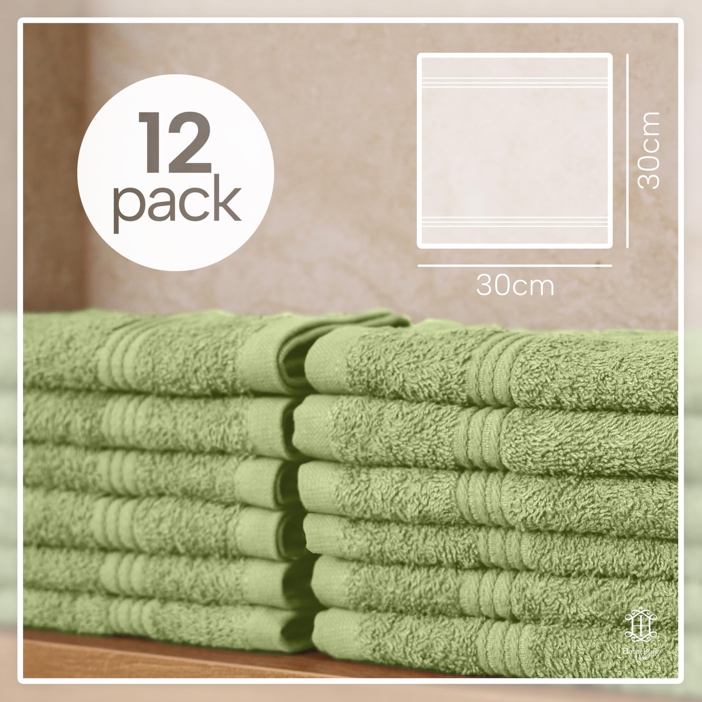 HomeBurg Luxe 12-Piece Washcloth Set - 100% Cotton, Soft & Absorbent, Easy Care, Premium Towels for Face & Daily Use, 30 x 30 cm, Sage Green