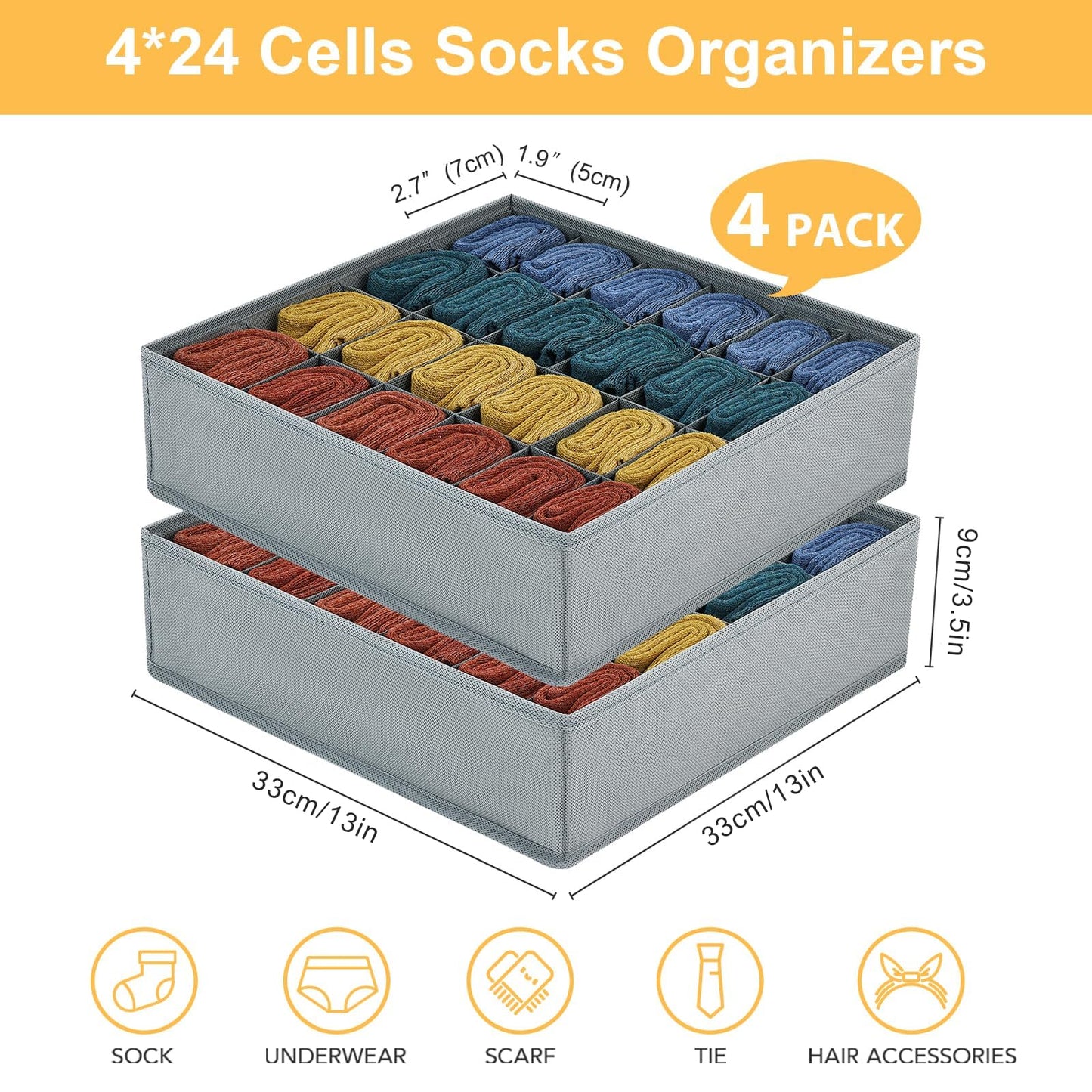 Joyoldelf Drawer Organiser - Set of 4 Foldable Sock Organisers - Wardrobe Storage Organiser with 24 Cells - Drawer Dividers Storage Boxes for Socks