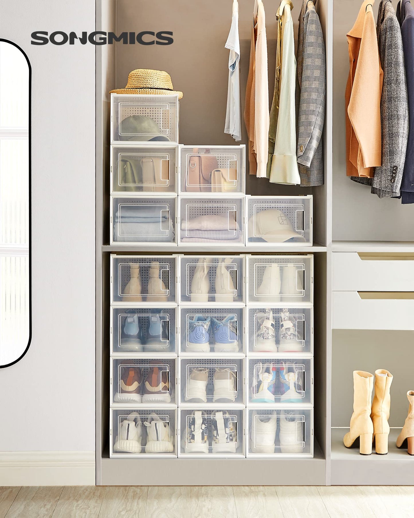 SONGMICS Shoe Boxes, Pack of 18 Stackable Shoe Storage Organisers, Foldable and Versatile for Sneakers, Fit up to UK Size 11.5, Transparent and White
