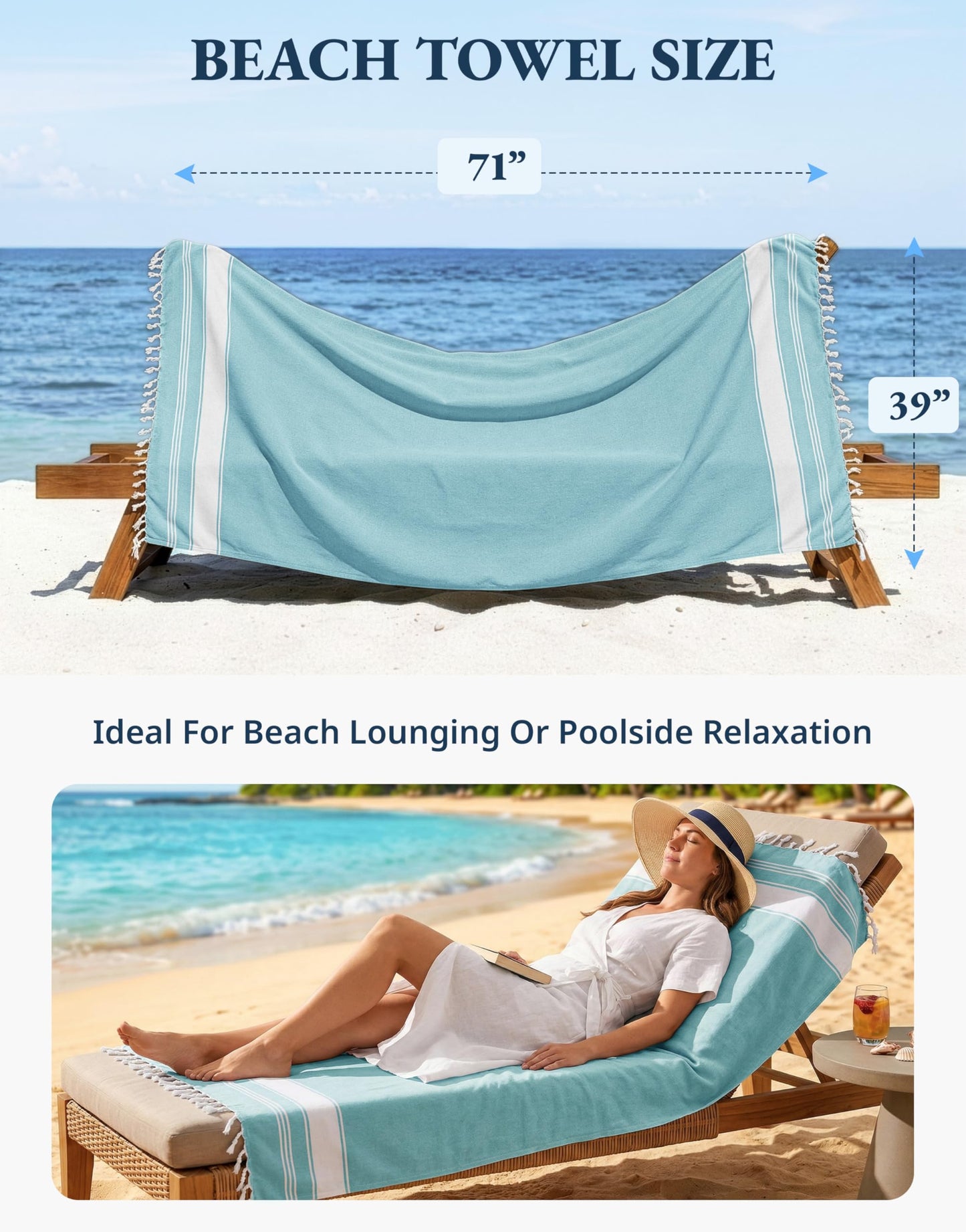 LANE LINEN Turkish Beach Towel with Beach Bag, 2 Pack Beach Towels Oversized, 39"x71", Pool Towel, Oversized, Highly Absorbent