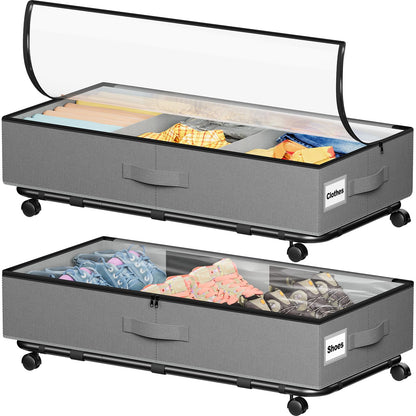 2 Pack Under Bed Storage on Wheels,Rolling Storage Drawers with Clear Lid