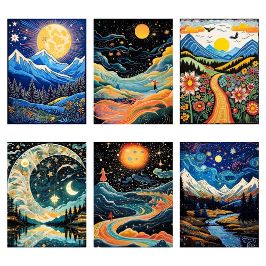 6 Pack Landscape Diamond Painting Kits for Adults Beginner,5D Full Drill Abstract Scenery Diamond Art Kits with Accessories,DIY Sun Moon Gem Art Kit