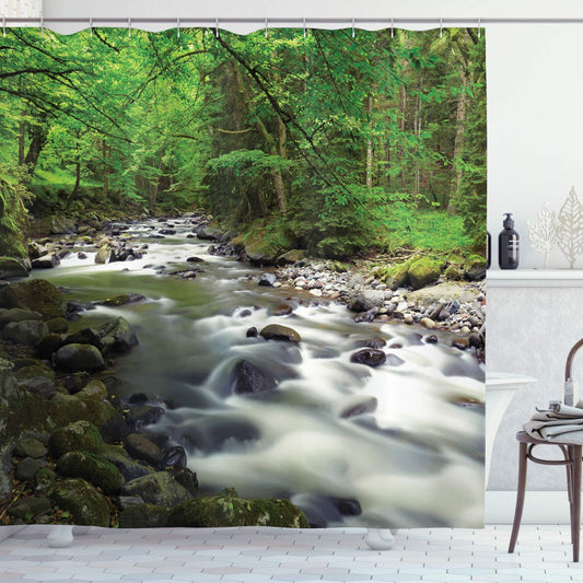 ABAKUHAUS Forest Shower Curtain, Rushing Riverbed with Rocks Trees Mountain Branches Shrubs Nature Scenery, Cloth Fabric Bathroom Decor Set with