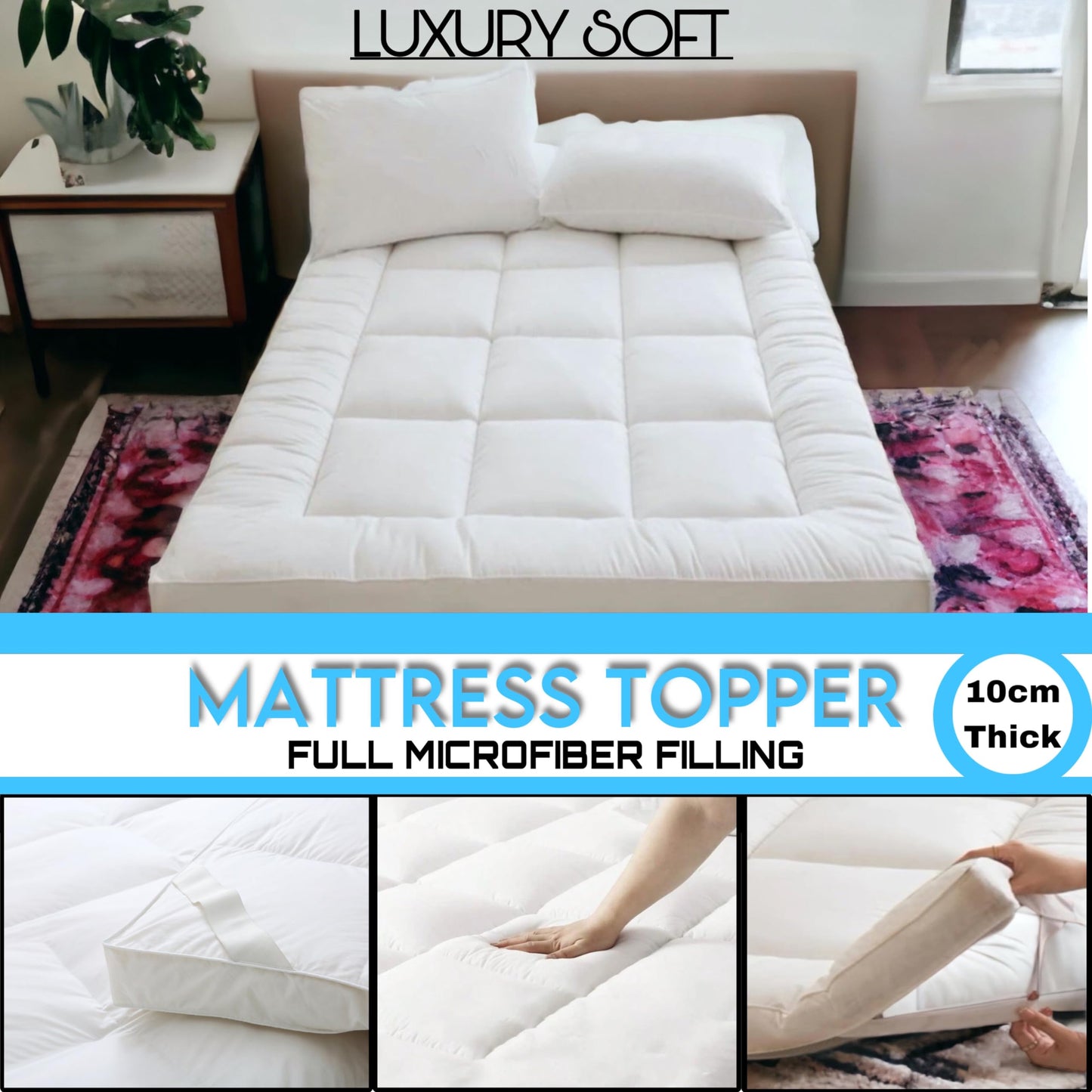 VL Mattress Topper 4Ft Small Double Size 10cm Thick Microfiber Quilted Fluffy and Soft Mattress Protector with Strong Corner Straps for Firm Grip