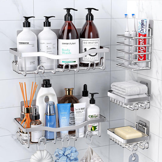 PKBD Rustproof Stainless Steel Shower Caddy 5 Pack, Bathroom Storage Accessory Shelf Organiser No Drilling Hanging, Soap Toothbrush Holder Set,