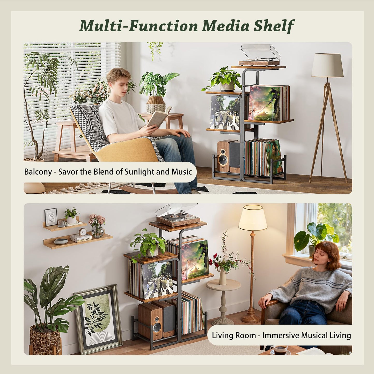 Bikoney Planter Record Player Stand with LP Vinyl Display Shelf