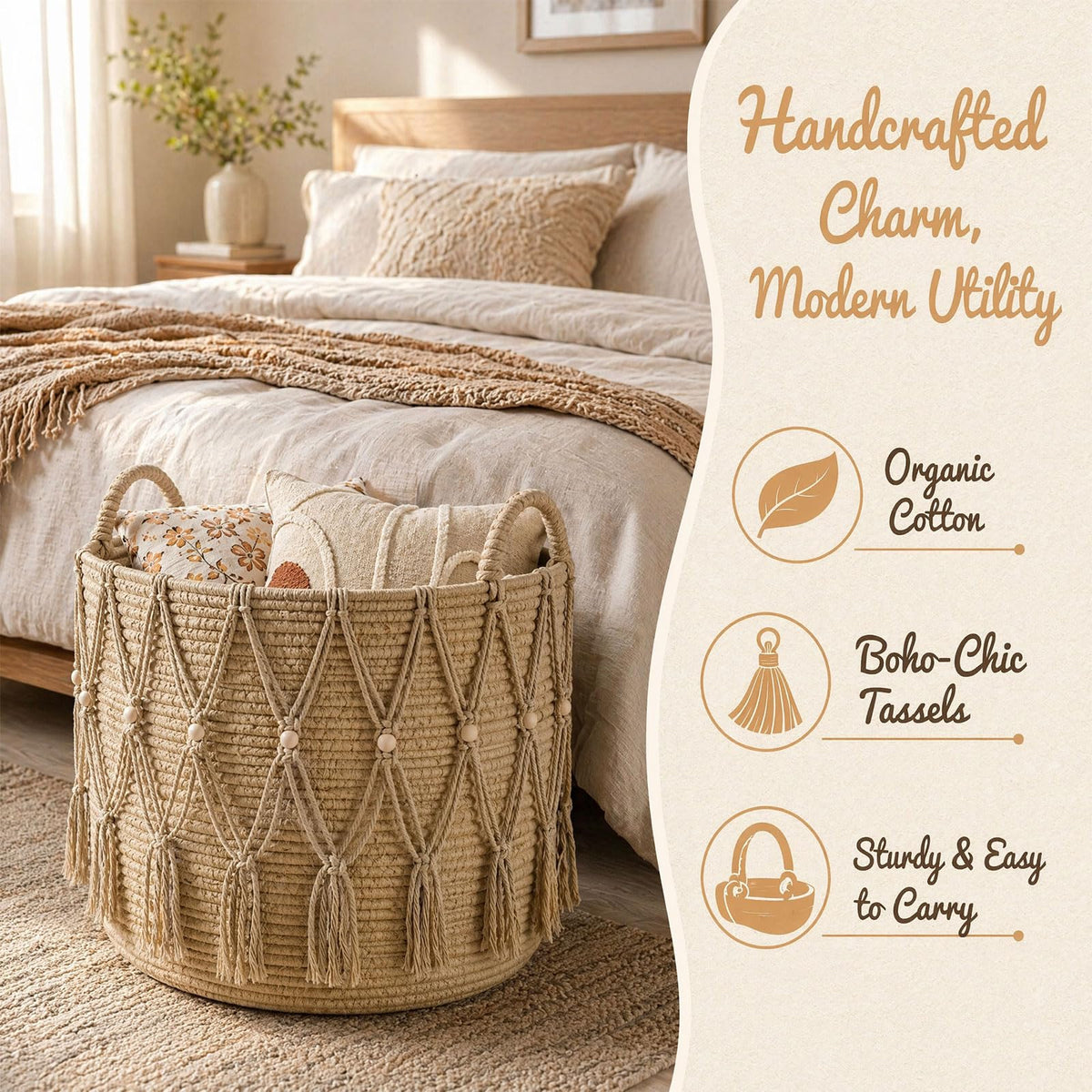 Large Woven Basket, 40x35cm Rope Basket, Large Cotton Rope Blanket Basket, Woven Storage Basket with Handle, Decorative Organiser Basket