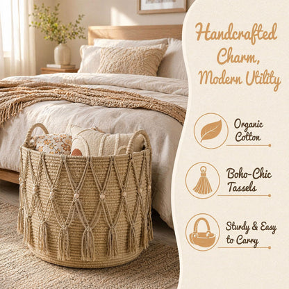 Large Woven Basket, 40x35cm Rope Basket, Large Cotton Rope Blanket Basket, Woven Storage Basket with Handle, Decorative Organiser Basket