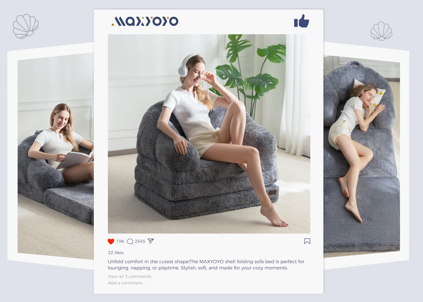 MAXYOYO Single Sofa Bed, Folding Bean Bag Chair, Faux Fur Fabric