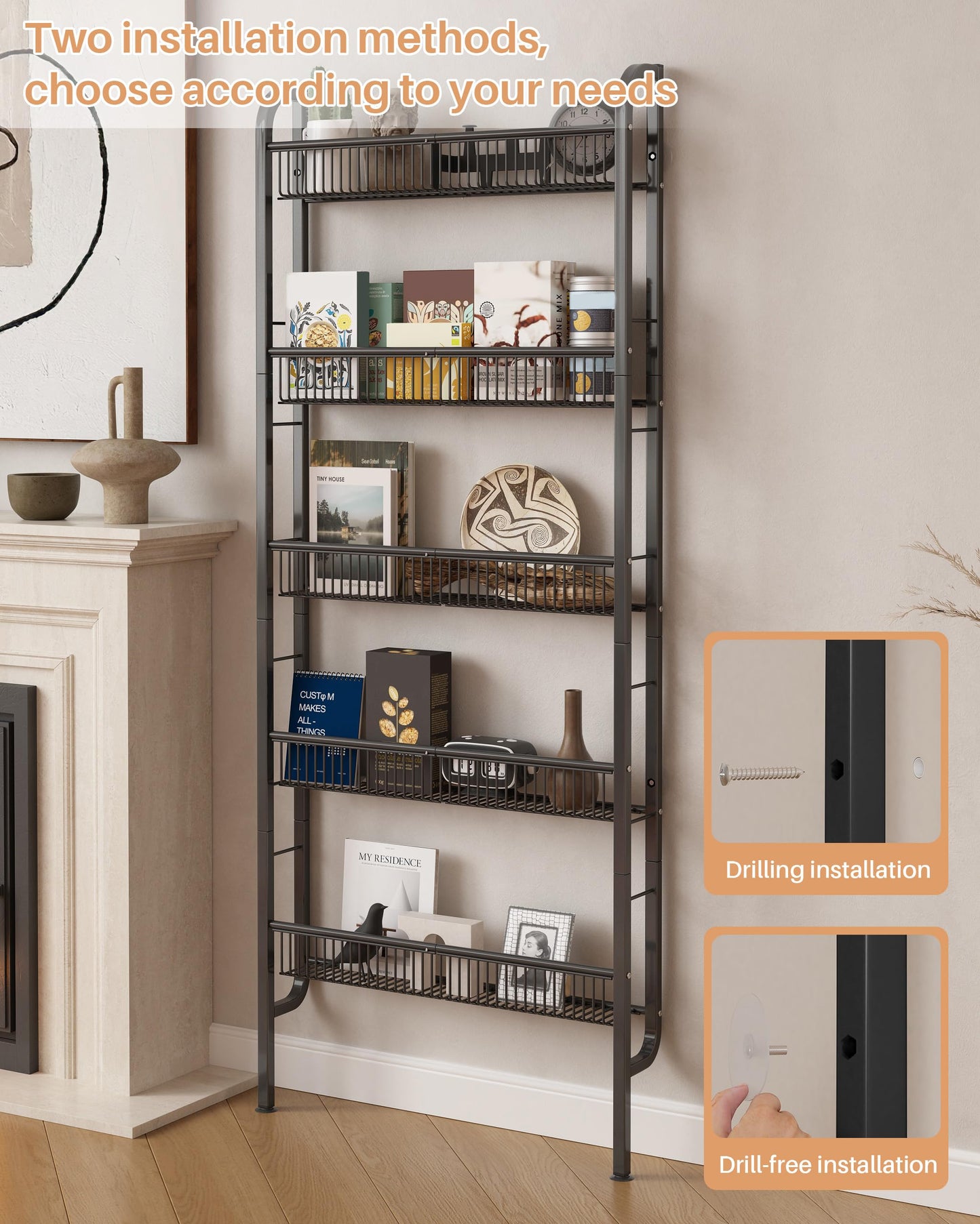 UMDONX Narrow Metal Storage Shelf Behind Door Book Organiser 5 Tier