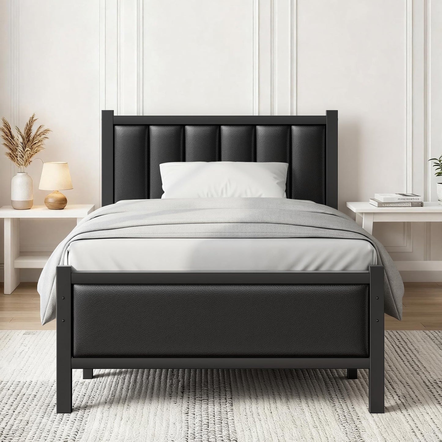 Frost IX Single Bed Frame with Upholstered Headboard, 3ft Metal Beds with Sturdy Steel Slats Support Platform, Black Single Bed with Storage, Noise