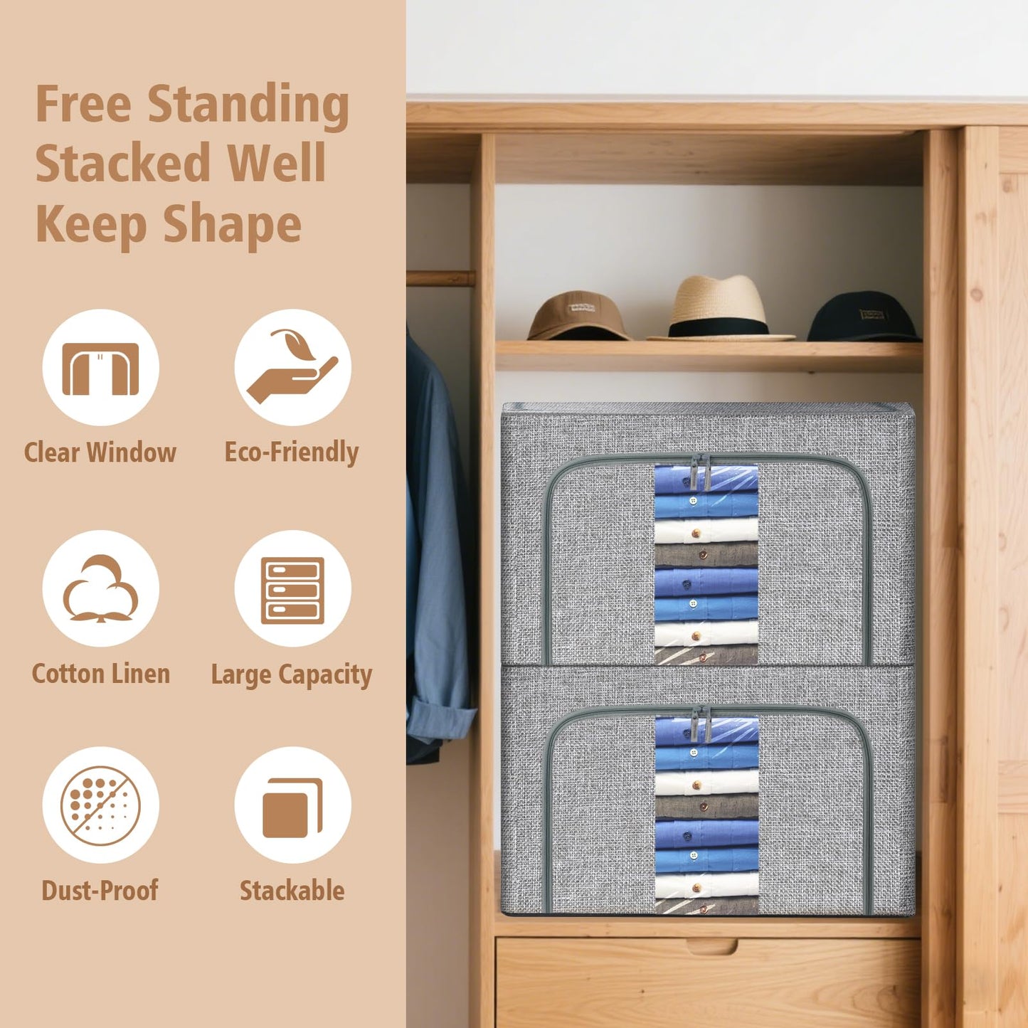 Eyeleaf Storage Bags with Zips, 3PCS Linen Clothes Storage Bag 24L 66L 100L Large Storage Bags Foldable with Metal Frame Lid Clear Window Durable