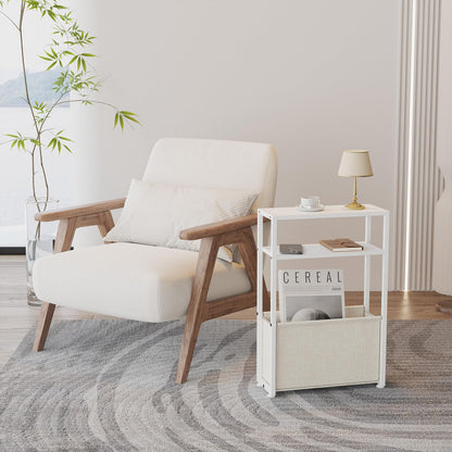 JERX Narrow Side Table with Fabric Basket, End Table for Small Spaces, Slim Side Table with Magazine Rack for Living Room Office Bedroom and Bathroom