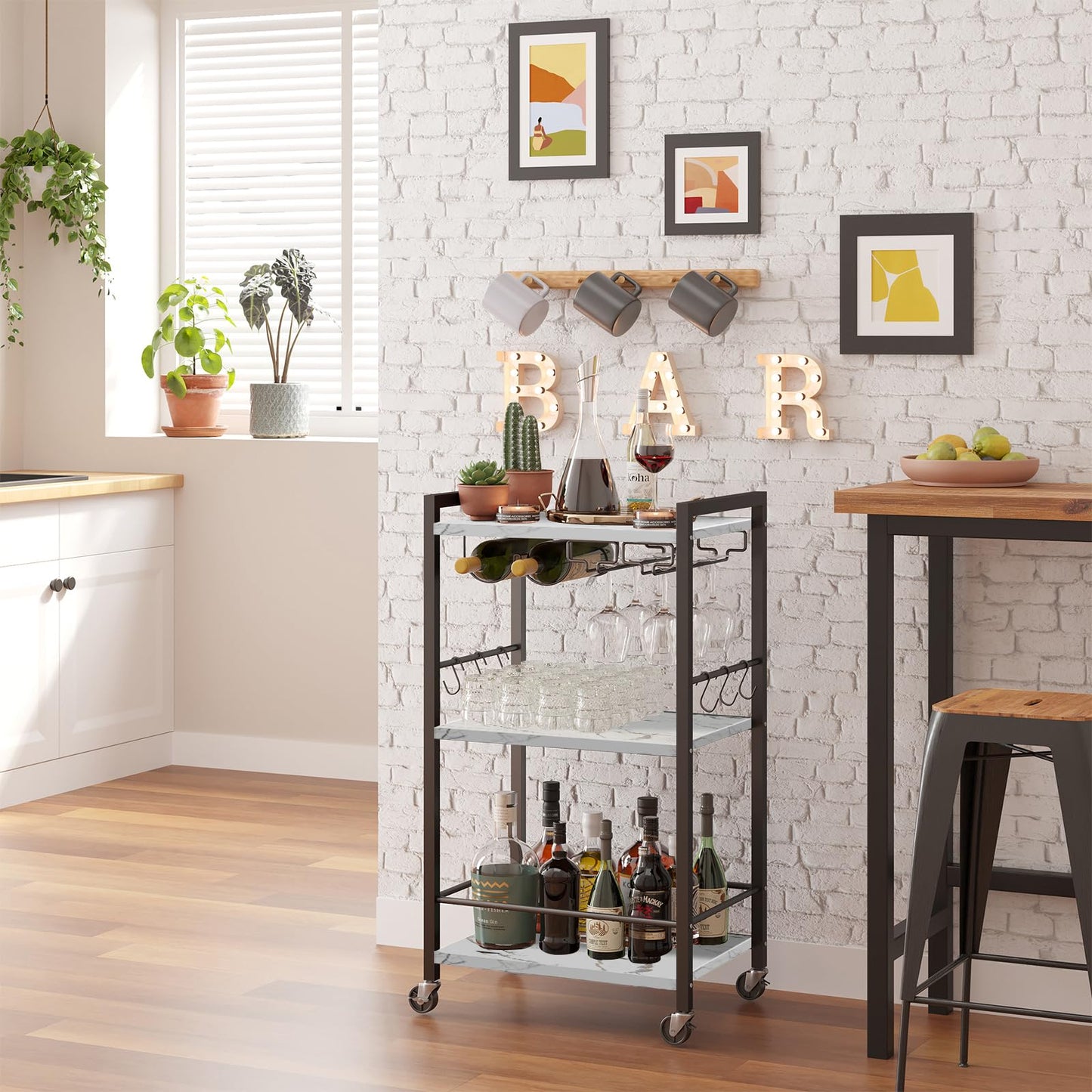 TUTOTAK Drinks Trolley, Bar Cart with 3-Tier Shelf, Serving Trolley with Wine Rack, Glass Holder, Rolling bar cart for The Home, Living Room